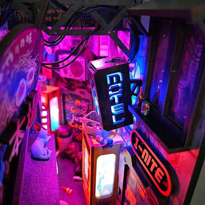 Neo Ramen MiniAlley DIY Cyberpunk Book Nook Kit – Wooden Diorama with Neon Lights, Futuristic Ramen Shop & Endless Alley Illusion – Unique Collectible Display for Bookshelf or Desk