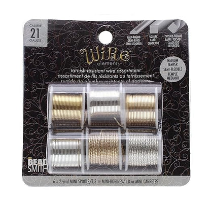 The Beadsmith Craft Wire Assortment - Tarnish-Resistant Copper Wire for Jewelry Making, 21 Gauge, 6-Pack, 0.75-Inch Mini Spools, 2 Yd Each, Assorted Colors & Shapes, Medium Temper