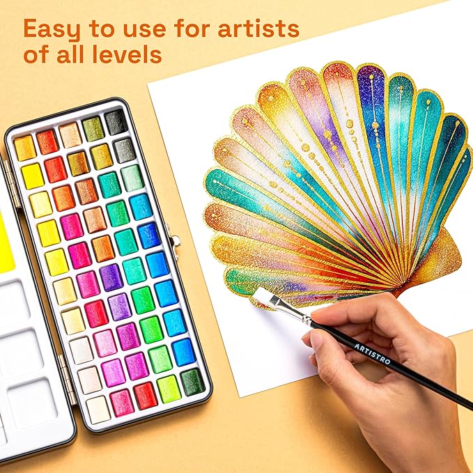 ARTISTRO 50 Metallic Watercolor Paint Set, Vivid Colors in Portable Box, Palette set. Perfect Travel Watercolor Set for Artists, Amateur Hobbyists and Painting