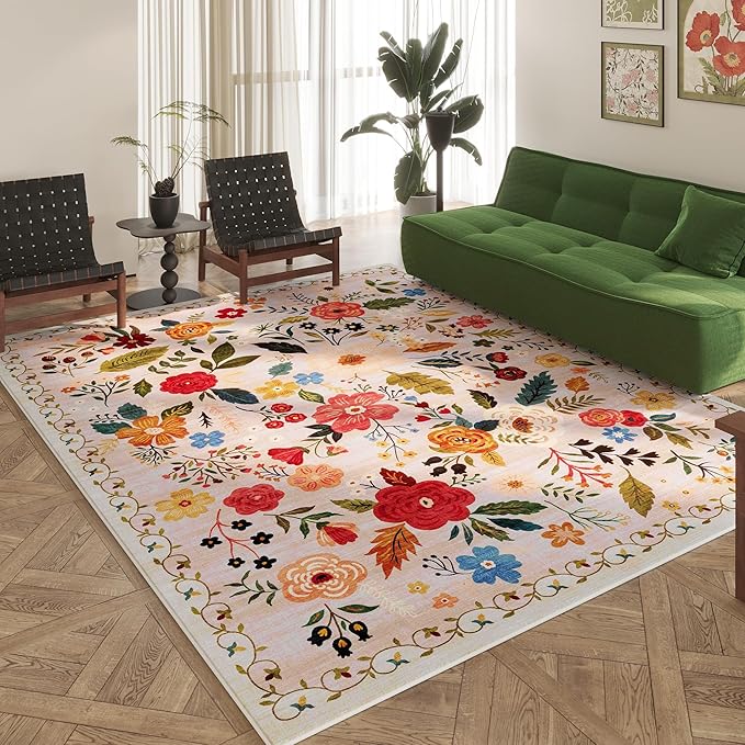 Rugcomf Area Rugs 9x12 Living Room Clearance Washable Boho Rug Non Slip Floral Vintage Low Pile Large Rug for Living Room, Bedroom, Farmhouse, Dining Room, Kids Playroom(Beige)
