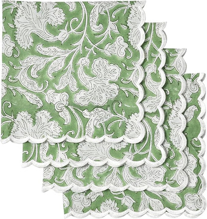 Ridhi Sage Green Hand Block Print Napkins 18" x 18" Set of 4 Reusable Cotton Dinner Napkins for Weddings, Parties & Everyday Dining, Thanksgiving, Christmas, Fall