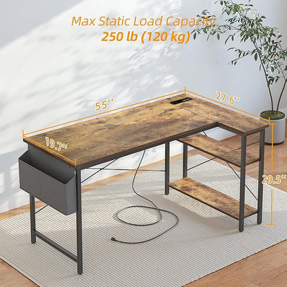 TIQLAB L Shaped Computer Desk with Power Outlets, 55 Inch Small Corner Desk with Reversible Shelves, Gaming Desk Computer Table Study Writing Desk for Home Office Small Space, Rustic Brown