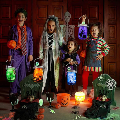 Shemira Halloween Craft Kit for Kids, 4 pcs Glass Mason Jar with Accessories for DIY Lantern Jar, Halloween Art & Craft Party Supplies, Art Activities