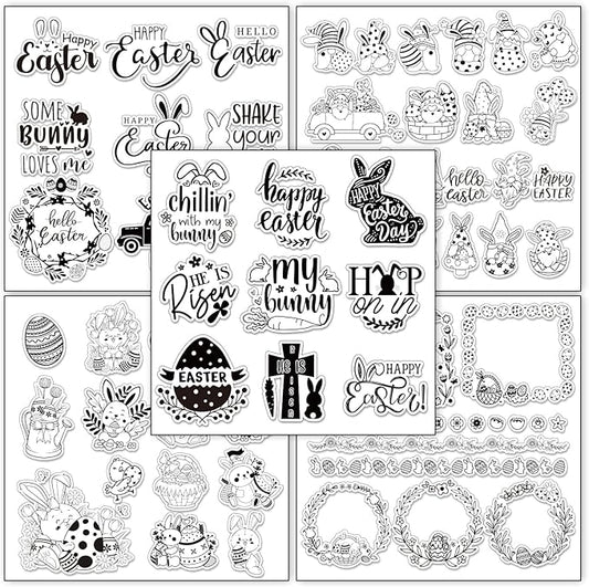 Whaline 5 Sheet Easter Clear Stamps Bunny Rabbit Egg Gnome Words Silicone Transparent Stamps Border Rubber Stamp Cards for DIY Crafts Card Making Scrapbooking Album Supplies
