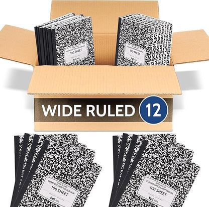 EPI Marble Hardcover Wide Ruled Composition Notebook | 200 Pages (100 Sheets), 9.75 x 7.5 in, Sturdy Sewn Binding | School, Office, Journaling, Notes - 12 Pack