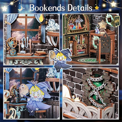 Cutefun 2Pcs Book Nook Kit, DIY 3D Wooden Puzzles for Adults and Teens, Bookends Decorative for Shelves Book Nook Kits for Adults, Bookshelf Decor Gifts for Friend (University of Miracle)