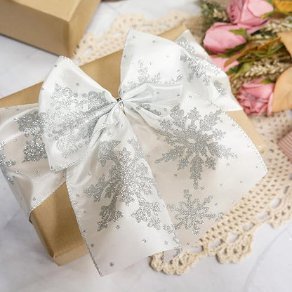 CT CRAFT LLC White Satin with Silver Snowflake Wired Ribbon 4 Inch x 10 Yards for Christmas Home Decor Tree Topper Bow Gift Wrapping DIY Crafts Wreath Garland