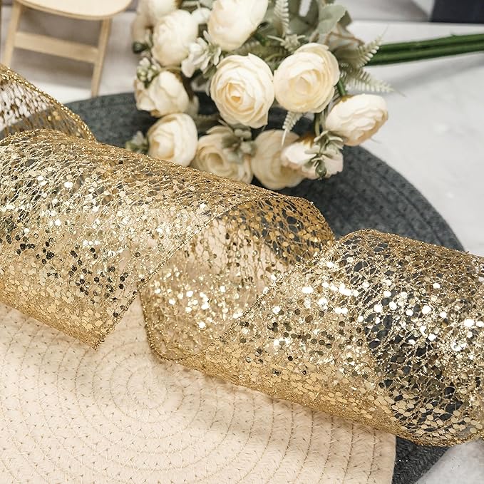 CT CRAFT LLC Sparkling Glitter Mesh Wired Ribbon 4" x 10 Yards Gold for Christmas Home Decor Bow Gift Wrapping DIY Crafts Wreath