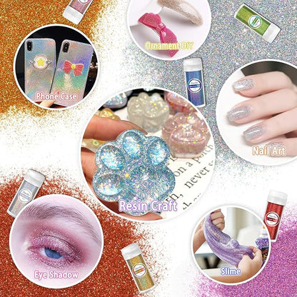 Renfio 28 Colors Holographic Glitter Set, 14.81oz 420g Ultra Fine Glitter Powder PET 1/128" 0.008" 0.2mm Resin Suppies Assorted Craft Glitter for Fake Nails, Resin Art, Tumblers, Slime, Hair, Bomb