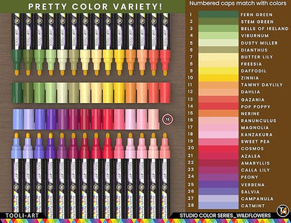 28 Wildflower Colors Acrylic Paint Pens Studio Color Series Markers Set 3mm Medium Tip, Rock Painting, Glass, Mugs, Wood, Metal, Canvas, DIY Projects, Detailing. Non Toxic, Waterbased, Quick Drying