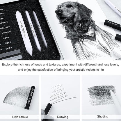 KALOUR 15 Pro Compressed Charcoal Drawing Set with Blending Stumps- Soft,Medium,Hard and White Charcoal - Charcoal Sticks for Drawing Sketching Shading - Art Supplies for Artists Beginners Adults
