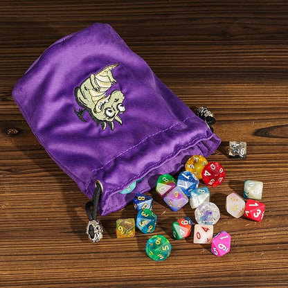 Large DND Dice Bag Purple Velvet Storage Bag with Cartoon Dragon Pattern for Role Playing Games Tabletop Games - Capacity 100+ Polyhedral Dice
