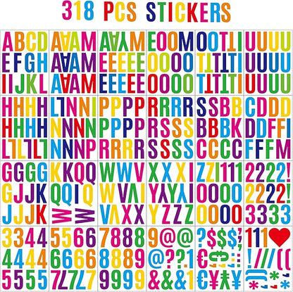 318Pcs 2inch Vinyl Letter & Numbers Stickers, Large Stick on Alphabet for Bulletin Board, Scrapbooking,Mailbox, House, Door, Wall,Scrapbook, Wall, Waterproof self Adhesive (Multi Color)