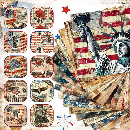 Ganeen 60 Pcs 10 x 10 Inch Vintage Patriotic Quilting Fabric Squares American Flag Fabric Bundle Retro 4th of July Fat Patchwork Precut Stripes for Memorial Day Handmade Material Sewing DIY Crafts