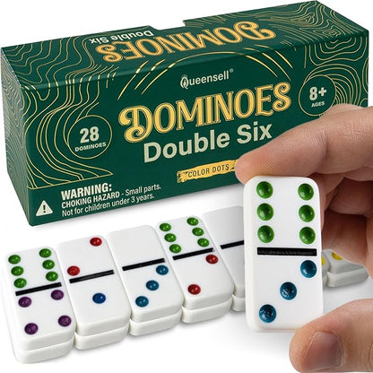 Queensell Dominos Set for Adults with Colored Dots - Double 6 Dominoes Set is a Classic Board Games for Kids and Adults - Double Six Standard Dominos Set 28 Tiles