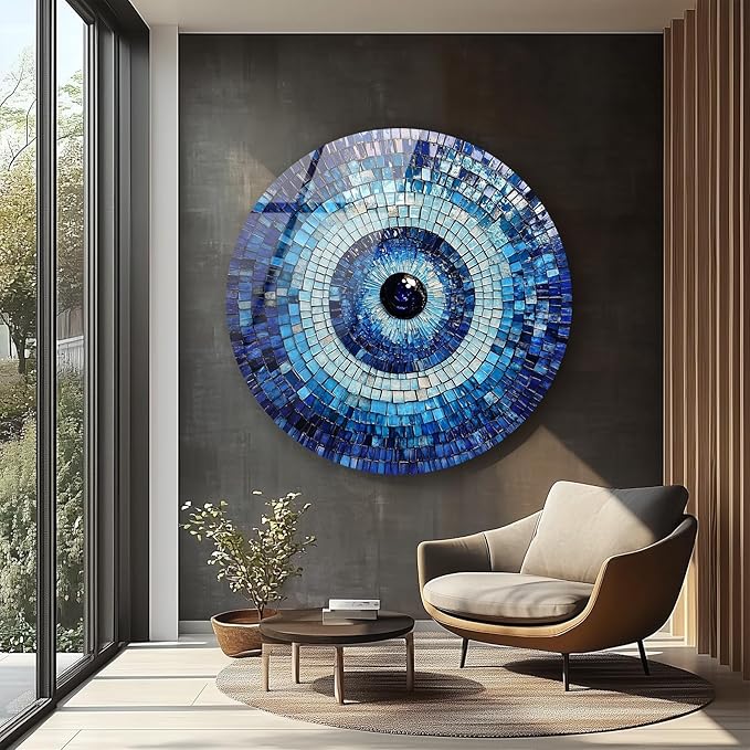 My Photostation.com 20''(50cm) Diameter Blue Mosaic Evil Eye Round Glass Wall Art Tempered Glass Printing Wall Decor Large Wall Art Wall Hangings