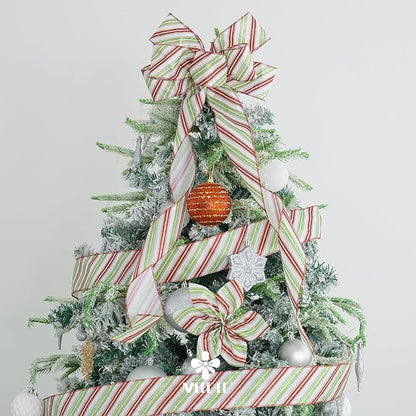MEEDEE Red and Green Diagonal Striped Ribbon 2.5 Inch White Satin with Lime Green and Red Glitter Wired Ribbon for Christmas Tree, Garlands, Wreaths, Topper Bow (10 Yards)