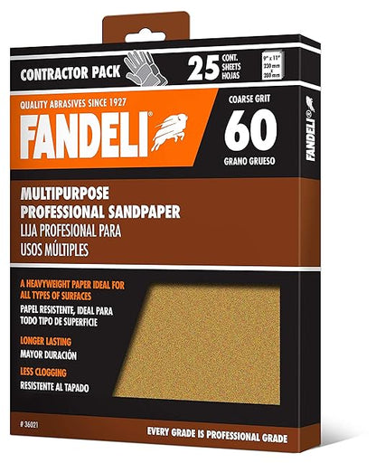 Fandeli 36021 060 Grit Multipurpose Sandpaper Sheets, Brown , 9" x 11", 25-Sheet