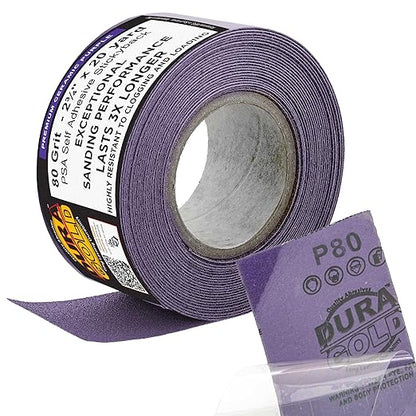 Dura-Gold Premium 80 Grit PSA Purple Film Ceramic Longboard Sandpaper, 2-3/4" Wide Continuous 20 Yard Roll - Self Adhesive Stickyback for Auto & Wood Air File Long Board Sanders, Hand Sanding Blocks