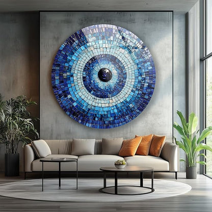 My Photostation.com 39,4''(100cm) Diameter Blue Mosaic Evil Eye Round Glass Wall Art Tempered Glass Printing Wall Decor Large Wall Art Wall Hangings