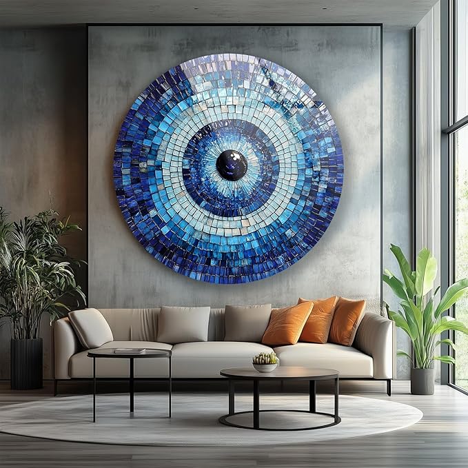 My Photostation.com 15.8''(40cm) Diameter Blue Mosaic Evil Eye Round Glass Wall Art Tempered Glass Printing Wall Decor Large Wall Art Wall Hangings