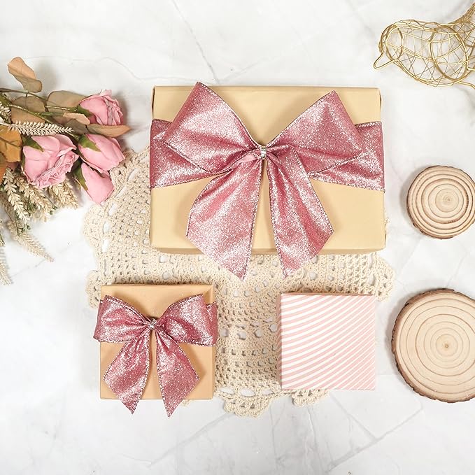 CT CRAFT LLC Glitter Wired Ribbon 1.5" x 10 Yards Rose Gold for Christmas Home Decor Bow Gift Wrapping DIY Crafts Wreath