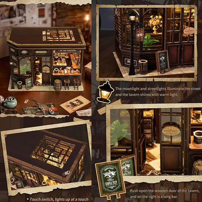 ISSEVE Book Nook Kit - DIY Miniature House Kit for Adults, Teens and Beginners, Corner Tavern Dollhouse Booknook Tiny House Bookshelf Decor 3D Wooden Puzzle, Gifts for Friends Family (Corner Tavern)