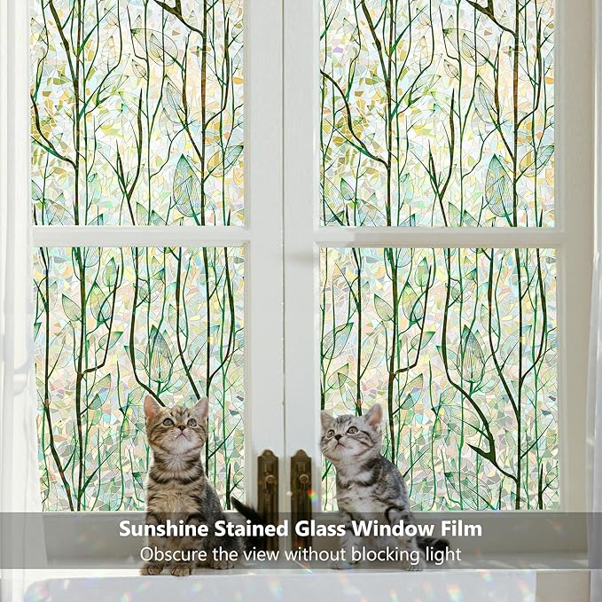 Finnez Window Privacy Film Window Film 3D No Glue Glass Sticker for Glass Door Home and Office Heat Control Anti UV (17.5 Inch x 13.1 Feet, Rainbow Grove)