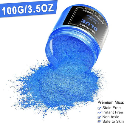 Blue Mica Powder Pigment (100g) -Cosmetic Grade Metallic Mica Powder for Epoxy Resin, Lip Gloss, Soap,Candle Making, Bath Bombs,Tumblers, Jewelry, Dyes, and DIY Crafting Projects(Blue, 3.5oz)
