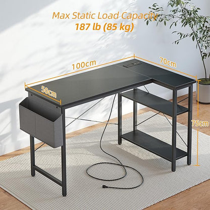 TIQLAB Small L Shaped Computer Gaming Corner Desk with Power Outlets, Reversible Shelves for Study, Writing Table for Home, Office, Bedroom, Living Room, 40 inches, Black