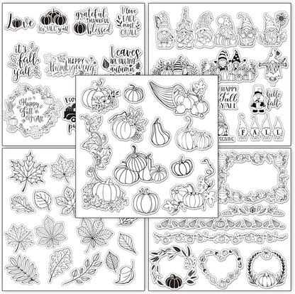 Whaline 5 Sheet Fall Thanksgiving Clear Stamps Autumn Leaves Pumpkin Gnome Silicone Transparent Stamps Happy Fall Border Stamp Cards for DIY Craft Card Making Scrapbooking Embossing Album Decor