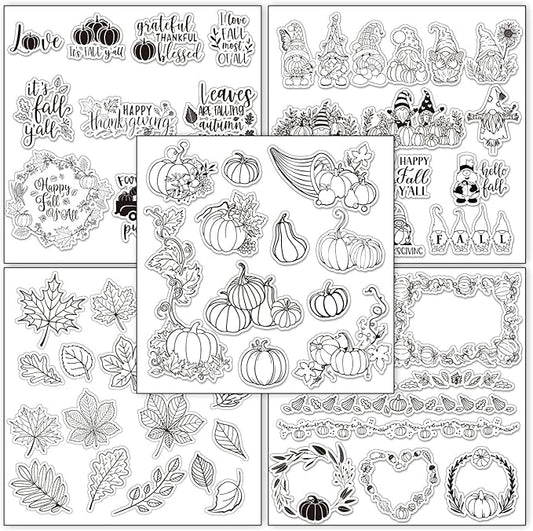 Whaline 5 Sheet Fall Thanksgiving Clear Stamps Autumn Leaves Pumpkin Gnome Silicone Transparent Stamps Happy Fall Border Stamp Cards for DIY Craft Card Making Scrapbooking Embossing Album Decor