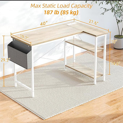 TIQLAB L Shaped Computer Desk with Power Outlets, 40 Inch Small Corner Desk with Reversible Shelves, Gaming Desk Computer Table Study Writing Table for Home Office Bedroom Small Space, Maple