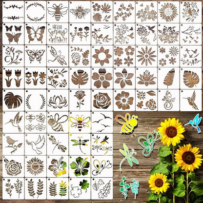 65Pcs Small Stencils for Painting on Wood Reusable, 3 Inch Reusable Stencil for Craft Ornament Paint Template Stencils for Wall Card Rock Wood Signs Coasters Canvas Home Decor (Flower)