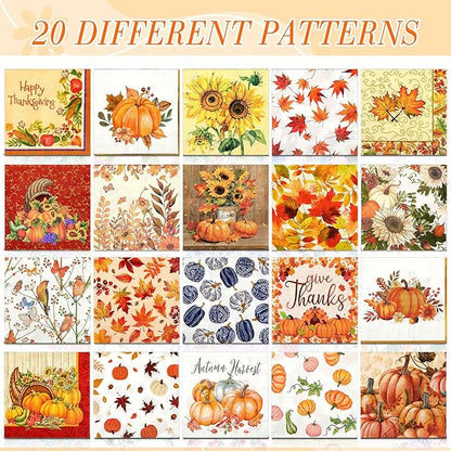 Crtiin 20 Pack Fall Decoupage Napkins Autumn Napkins Floral Pumpkin Maple Leaf Decorative Paper for Thanksgiving Harvest Birthday Party Beautiful Gorgeous, 20 Styles Each 6.5 Inches