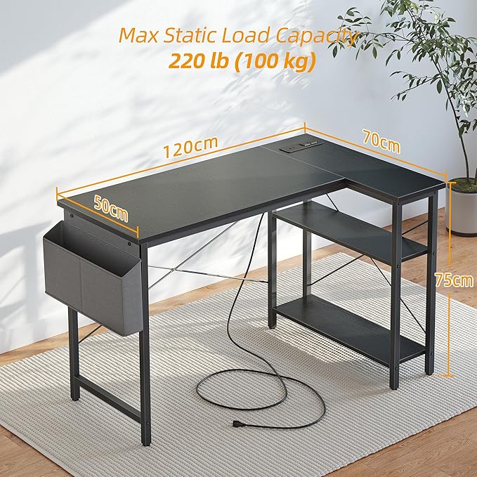 TIQLAB L Shaped Computer Desk with Power Outlets, 47 Inch Small Corner Desk with Reversible Shelves, Gaming Desk Computer Table Study Writing Table for Home Office Bedroom Small Space, Black