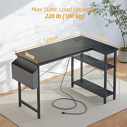 TIQLAB L Shaped Computer Desk with Power Outlets, 47 Inch Small Corner Desk with Reversible Shelves, Gaming Desk Computer Table Study Writing Table for Home Office Bedroom Small Space, Black