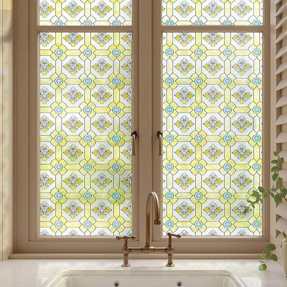 3D Stained Glass Window Film, Decorative Window Privacy Film for Bathroom,Front Door,Home, Sun Blocking Heat Control,Static Cling,23.6inch x 35.4inch Gilt Glazed Flowers