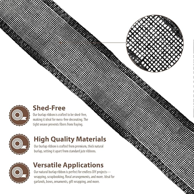 Mandala Crafts Black Burlap Ribbon 2.5 Inches Wide Jute Ribbons for Crafts - 20 Yds Roll Rustic Burlap Wrap Trim Ribbons for Wreaths Bows Wedding Party Decoration