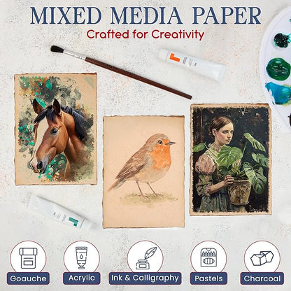 Wanderings Handmade Antique Deckle Edge Blank Paper - 8.25 x 11.7 - A4 Size Package of 50 - Recycled Watercolor Mixed Media Loose Leaf Paper for Writers Invitations Crafts - Thick 150 GSM