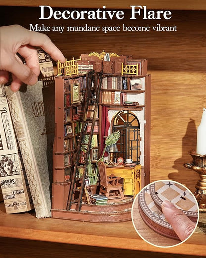 ROBOTIME Book Nook Kit, DIY Miniature House Kit, 3D Wooden Puzzle Bookends,Bookshelf Decor, Simple Assembly Dollhouse Kit, Creative Unique Gifts for Adults/Teens/Beginner (Silent Corner Study)