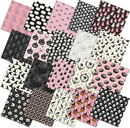 Ganeen 60 Pcs 10 x 10 Inch Pink Halloween Quilting Fabric Squares Vintage Pink Ghost Fat Patchwork Precut Strips Retro Pumpkin Skull Fabric Bundles for Holiday DIY Craft Sewing Quilt Material Handmade