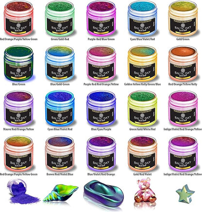 BALTIC DAY - Chameleon Mica Powder, 20 x 5g Jars of Color Shift Mica Powder Set - Epoxy Resin Color Pigment - Chameleon Powder - Holographic Mica Powder for Resin