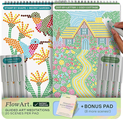 Lifelines FlowArt Activity Pad, 2-Pack & Bonus Pad - Guided Dot Art Meditations with Markers - Dot-by-Letter & Stamp-by-Shape Coloring Books for Tweens, Adults & Seniors