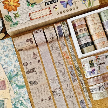 32 Rolls Vintage Washi Tape, Aesthetic Colored Decorative Cute Scrapbook Tape for Scrapbooking Supplies Journaling Craft Junk Journal