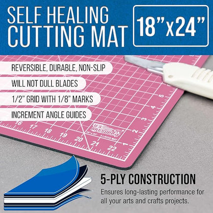 U.S. Art Supply 18" x 24" Self-Healing Cutting Mat 5-Ply - Double-Sided Pink/Blue Craft Mat, Non-Slip Cutting Mats for Crafts, Sewing, Quilting, Scrapbooking