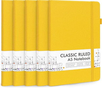 feela 5 Pack Journal Notebook Bulk for School, Hardcover Business Notebooks Classic Ruled Lined Journals with Pen Holder for Work Note Taking, with 5 Black Pens, 120 GSM, 5.1”x8.3”, A5, Yellow