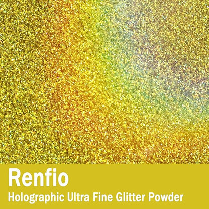 Renfio Holographic Ultra Fine Glitter Powder Metallic Resin Glitter 2.11 Oz (60g) PET Flakes Crafts Sequins 1/128" 0.008" 0.2mm Epoxy Chips Flakes for Tumblers Slime - Laser Green Gold