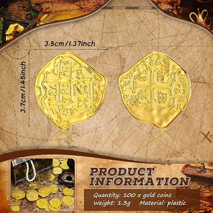 Hanaive 100 Pcs Pirate Coins Plastic Kids Fake Play Coins Replica Spanish Doubloons for Pirate Party Treasure Chest Board Games Tokens Toys Cosplay St. Patrick's(Gold)