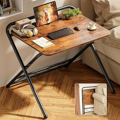 Huuger Folding Desk with 3-Level Adjustable Height and Tablet Slot, 24 Inch Foldable Computer Desk for Small Spaces, Space Saving, Writing Work Table for Home Office, Bedroom, Study, Rustic Brown